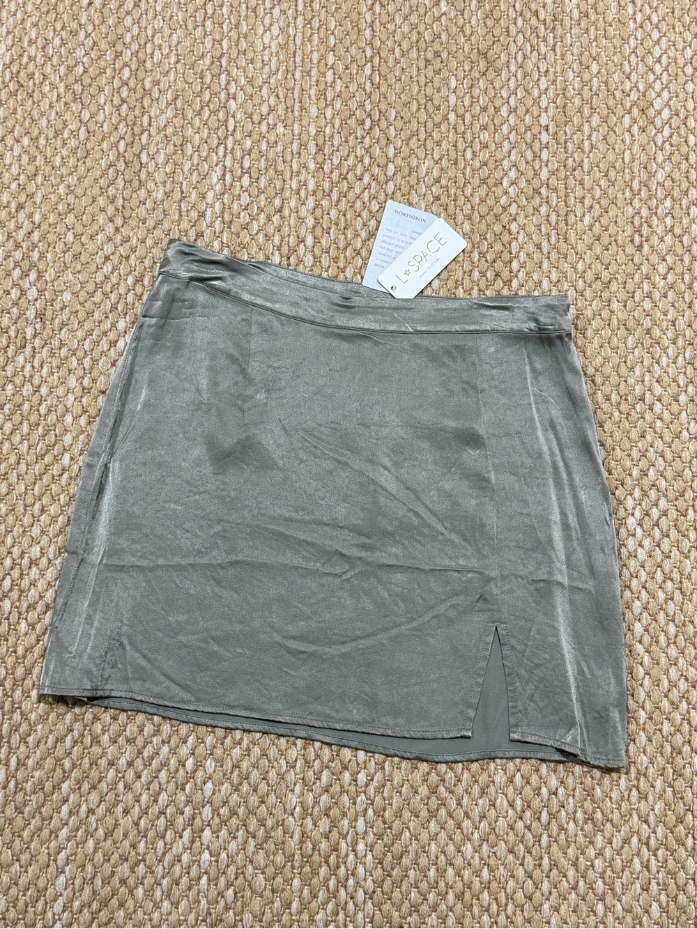 L*SPACE Sage Green 100% Vicose Satin Mini Skirt with Front Slit | NWT | Size L